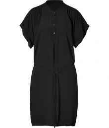 Easy to wear and equally flattering, Day Birger et Mikkelsens short sleeved dress is a smart choice for taking cool days into chic evenings - Collarless, wide dolman cuffed short sleeves, partial button-down front, self-tie sashed waistline, pleated yolk - Easy fit, tailored at the waist - Team with contemporary knit cardigans, and favorite flats