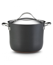 From rich chowders to whole steamed lobsters, the Anolon Nouvelle stock pot delivers expert-grade results with layer upon layer of premium cooking material: ultra-reactive copper is encapsulated by two layers of aluminum and finished with an impact-bonded stainless steel cap. Limited lifetime warranty.