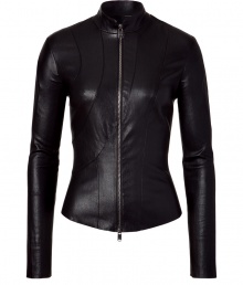 Look like a modern day Bond girl in this figure-hugging luxe leather jacket from French label Jitrois - Stand collar, front zip closure, long sleeves, seaming details, fitted silhouette - Wear with a silk blouse, a wool pencil skirt, and platform heels