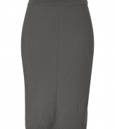 An elegant, allover knit pattern lends this grey wool Alberta Ferretti skirt its ladylike-with-a-twist chic - Pull-on style, with flattering decorative seam detail - Sophisticated and feminine, easily transitions from the office to cocktails or dinner - Medium-rise, curve-hugging pencil cut - Pair with a blazer and blouse, a leather jacket and silk top or a cashmere pullover