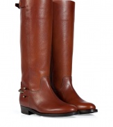 Classic American style boot in fine saddle-brown colored leather - Fashionable equestrian look is simple and elegant with a large shank, rounded toe and small block heel - Features decorative, gold-colored metal latch and buckle - Wear with knit dresses, mini skirts or skinny jeans