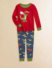 A fire-breathing dragon roars on the front of these cozy pajamas, guaranteed to inspire dreams of knights and castles and medieval adventures.Ribbed contrast crew necklineLong sleeves with contrast ribbed cuffsDragon-print elastic-waist bottoms with contrast ribbed cuffsCottonMachine washImported