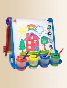 A fun, fully assembled easel features chalkboard, magnetic dry erase board, four non-spill paint cups, plastic cup holder, chalk tray and a paper roll.About 12 X 100 Suitable for ages 3 and upImported