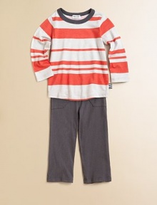 The soft, easy knits your little guy loves to live in, including a striped tee with contrast trim and effortless solid pants.Contrast ribbed crewneckLong sleevesElastic-waist straight pants with front patch pockets50% cotton/50% micro modalMachine washImported