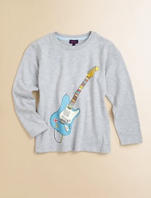 You already know he's a rock star--show the world in this comfy cotton tee finished with a colorful electric guitar motif.Ribbed crewneckLong sleeves74% cotton/26% polyesterMachine washImported of French fabric