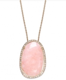 Pink polish. This beautiful asymmetrical pink opal (10-1/4 ct. t.w.) pops against a sparkling round-cut diamond frame (1/4 ct. t.w.). Set in 14k rose gold over sterling silver. Approximate length: 18 inches. Approximate drop: 3/4 inch.