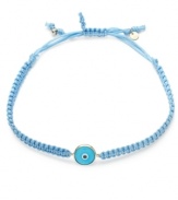 Seriously stylish with a side of good luck. This chic wrap bracelet features a 14k gold evil eye charm strung from a blue nylon rope cord. Approximate diameter: 2-1/4 inches (extends to 3-1/2 inches).