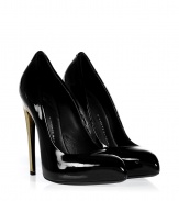 Add a kick of hard-edge glamour to your outfit with Giuseppe Zanottis ultra sleek patent leather pumps - Pointed toe, angular gold-toned stiletto heel, overlasted hidden wafer platform - Wear with everything from leather leggings and blazers to cocktail dresses and fur coats