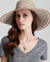 Turn heads in this stunning woven ribbon hat with a stripe pattern and wide brim.