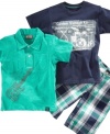 He'll get a head start being the jukebox hero in this cool tee shirt, polo shirt and shorts set from Nannette.