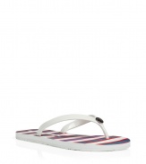 Stylish flip flops in multicolor rubber and plastic - A fun and functional warm weather accessory form New York cult label Marc Jacobs - White thong with logo embossed detail - Chic stripe motif and bird graphic in bold shades of blue, pink and red - Rubber upper and sole - Casually cool, great for the beach or pool and everyday leisure - Pair with jeans, shorts or a bikini