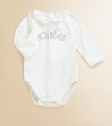 Featuring a dazzling Chloe logo, this soft cotton one-piece has a touch of stretch so it will move with her.Ruffle necklineLong sleevesBack and bottom snap closure94% cotton/6% elastaneMachine washImportedAdditional InformationKid's Apparel Size Guide 