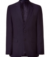 Inject urbane sophistication to your workweek style with this luxe wool pinstripe blazer from Baldessarini - Notched lapels, two-button closure, single chest pocket and two waist flap pockets, slim fit, pinstripe print - Style with matching pants, a printed button down, and classic lace up brogues