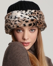 A cozy cap with a knit top and faux dyed rabbit fur trim from Surrell.