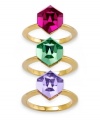 Gorgeous jewel tones--in fuchsia, emerald green and violet--set apart these stylish stackable rings from Swarovski. Whether worn alone or together, they're sure to look stunning! Set in gold tone mixed metal. Size 7.