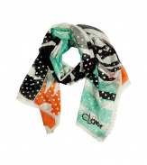 Inject a stylish accent to your day look with this ultra-chic printed scarf from Diane von Furstenburg- Easy-to-style length, all-over polka dot and abstract stripe print, frayed detailed trim, logo detail - Pair with a jeans-and-tee ensemble or tie it onto your It bag for extra on-trend pizzazz