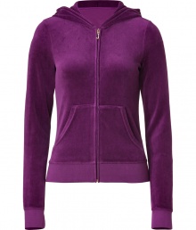 Finish off-duty looks on a chic note with Juicy Coutures royal magenta velour hoodie - Hooded, front zip closure, long sleeves, split kangaroo pocket - Slim fit - Pair with matching pants, favorite jeans, or mini-skirts