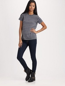 Comfy, timeless cotton-blend crewneck in allover skinny stripes. CrewneckShort sleeves87% polyester/13% cottonMachineImported