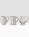 Bring the outdoors inside with a charming set of three smaller, hand-finished stoneware pitchers beautifully detailed with mismatched scrolling designs that celebrate the splendor and romance of the world's most beautiful gardens. Chip resistant Each, 3½ high Dishwasher safe Imported