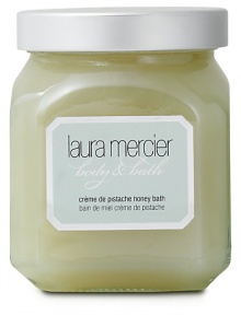 Laura Mercier Crème de Pistache Honey Bath is a decadent, foaming honey moisture bath with natural ingredients that leaves the skin feeling clean, fresh and supple. Vitamins A and E soothe, moisturize and condition the skin. Skin is left with a softly scented veil of fragrance after each use.