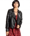 Chic stud design adds tough-stuff attitude to this faux-leather motorcycle jacket from Material Girl!