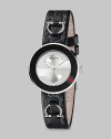 From the U-Play Collection. A Gucci-striped bezel, classic horsebits, and logo-embossed leather strap come together in one sophisticated timepiece.Swiss quartz movement Water resistant to 3 ATM Black bezel with stripes at 4 o'clock Round stainless steel case, 27mm, (1.06) Silver dial Anti-reflective coating Guccissima leather strap Ardilion closure Made in Switzerland