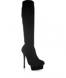 Luxurious boots made ​.​.of black suede - Round, slightly accentuated toe - 3 cm (1.2) platform and 13 cm (5.1)  stiletto heel make the boots tall and elegant - Slim, fitted, to the knee shaft - A mix of classy, stylish and luxurious - A hit with skinny jeans, but also with a feminine shift dress