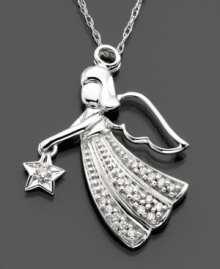 Angelic beauty: this artistic and sweet angel pendant features round-cut diamonds (1/10 ct. t.w.) set in 14k white gold. Approximate length: 18 inches. Approximate drop: 1 inch.