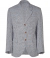 Elegant jacket in black and blue linen, cotton and silk blend - Lightweight and luxurious - Classic Prince of Wales check motif - Slimmer silhouette tapers gently at waist - Single breasted, with three-button closure - Small collar and lapels - Flap pocket detail at front - Back slit - A polished, timelessly cool essential in any wardrobe - Go for a more casual look with straight leg jeans and a t-shirt, or dress up with trousers and a button down