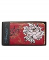 A trendy bird and cherry blossom graphic embellishes this high-drama patent snakeskin ziparound wallet from Ed Hardy.