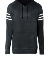 Must-have cotton pullover sweatshirt for your casual looks - Designed in classic shape with hood, drawstrings, long sleeves with cuffs and pouch pocket at front - Vintage look with a worn black wash - Features contrasting bars at arms for subtle sporty style - Great layering piece also works solo - Pair with jeans, athletic pants or shorts