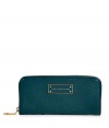 Stash away your most valuable essentials in Marc by Marc Jacobs rich peacock zip around leather wallet - Classic rectangle shape, front logo plaque, zip around closure, multiple inside pockets for cards, IDs, and bills - Perfect for tucking away in chic shopper totes