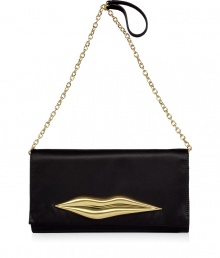 A classic DVF style filled with sartorial sass, this satin lip clutch is a statement accessory guaranteed to amp up your outfit - Flap with matte gold-toned lip embellishment, magnetic snap underneath, removable chain and satin shoulder strap, inside zippered back wall pocket, red lining - Carry with printed day dresses or flirty cocktail sheaths with jet black heels