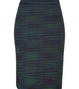 Sumptuous Italian knits and playfully elegant patterns lend this richly-hued Missoni skirt an enduring appeal - Flattering medium rise pencil cut hits above the knee - Slip on style, with a banded waist and decorative kick pleats at rear - Pair with a solid tunic top or a button down blouse and heels or ballet flats