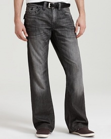 True Religion's straight leg jeans with signature horseshoe pocket styling in a silver wash.