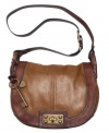 Fossil's crossbody handbag features richly hued leather and brasstone hardware for a vintage vibe.