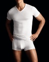 Soft stretch blend v-neck undershirt. Luxurious drape and soft hand, narrow trim at neckline for modern look. Tagless.