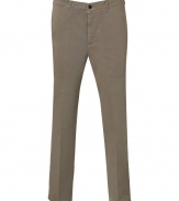 Bring modern style to your daytime attire with these updated chinos from Golden Goose - Zip and button closure, flat front, belt loops, front slit pockets, back flap pockets, logo detail on back, front and back crease detail on leg - Pair with a plaid button down, a cable knit cardigan, and desert boots