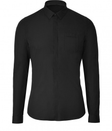 Sleek and streamlined, Belstaffs black cotton polin shirt is a modern must in any wardrobe - New slim cut fits snugly and tapers gently through waist - Covered full button placket and chest pocket - Small collar and long, cuffed sleeves - Pleat detail at back - Wear solo or beneath a blazer or leather jacket and pair with dress trousers, dark denim or chinos