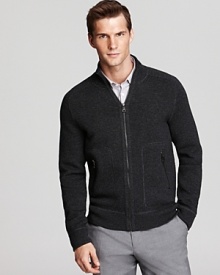 A handsome wear-anytime cardigan rendered in a fine blend of wool and cashmere with a bit of stretch, utterly versatile and always soft.