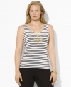 Lauren by Ralph Lauren's classic striped cotton plus size tee is embellished with a gold-tone crest at the front for regal style.