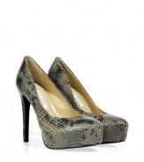 Stylish, sophisticated pumps in fine, gray leather - Glamorous snakeskin print adds drama - Features leg-lengthening platform and high stiletto heel - Creates an appearance of small, narrow foot - Perfect for a cocktail dress or with skirts and skinny jeans