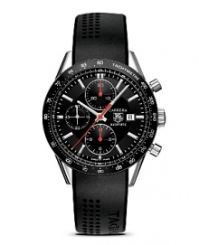 A legendary chronograph. The Carrera Panamericana was an epic race that was started in the 1950s and attracted many of the leading drivers of the time. Juan Manuel Fangio, the famous Argentinian driver who was Formula 1 World Champion five times, won the race in 1953. To pay tribute to this unique adventure, in 1963 TAG Heuer launched the Carrera Chronograph that combined refinement with the spirit of sport. With black dial and a black polished aluminum bezel. Features a date window.