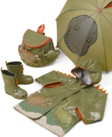 His favorite predators lurk in the rain. He'll go undercover with a fun-loving raincoat with friendly dinosaur motifs at the front pockets and at the back. Pretend scales spike at the shoulder. Contrast color trims the hood and cuffs. Easy snap close.