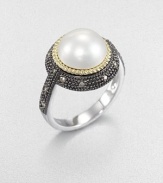 From the Pebble Collection. A lustrous white freshwater pearl surrounded by 18k gold and blackened sterling silver is elegantly accented with glittering grey diamonds. White 10mm freshwater pearlGrey diamonds, .16 tcw18k goldBlackened sterling silverImported 