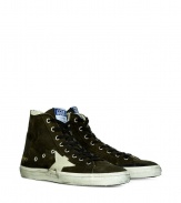 Luxe with a retro edge, these high-top sneakers from Golden Goose will kick your style into high gear - Round toe, lace up style, side star detail, exposed side-zip closure, stylishly distressed, contrasting rubber sole, back metallic leather stripe - Pair with jeans or cargo pants, a tee, and a leather jacket