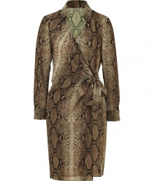 A neutral-hued snake print covers this chic wool wrap dress from Paule Ka - Spread collar, V-neck, wrap front with side tie, long sleeves, fitted silhouette - Pair with a slim trench or a fur coat and platform pumps