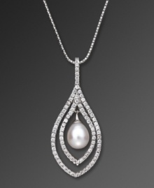 Encircled by sparkling cubic zirconias (7/8 ct. t.w.) and set in platinum over sterling silver, CRISLU's freshwater pearl pendant necklace (6-1/2 to 8 mm) makes a stunning statement. Approximate length: 16 inches + 2-inch extender. Approximate drop: 2 inches.