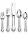 Scalloped handles that fan out towards the diner lend warmth to your tabletop, while touches of detail adorn the charming French Regency place settings. 5-piece place setting includes 1 dinner fork, 1 salad fork, 1 soup spoon, 1 teaspoon and 1 knife.