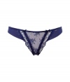 Lace-laden and ultra romantic, this thong from Elle MacPherson Intimates bring a sexy touch to any look - Sheer lace front with bow detailing, solid blue wide band at waist - Perfect under virtually any outfit